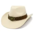 Western cowboy hat detail, off-white felt with embossed brown leather band and brass bull buckle. - One Size / Beige (FT1020)