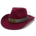 Retro Wool Fedora Hat with Bull Skull Buckle Ethnic Cowboy Cap for Men and Women - Cowboy Top Hat / Burgundy