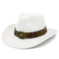 Close up of classic white western cowboy hat with brown pattern band and bull buckle - One Size / White (FT1020)