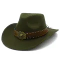 Dark green felt cowboy hat detail, featuring embossed leather band and vintage bull buckle. - One Size / Army Green (FT1020)