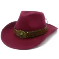 Wine red felt cowboy hat with vintage brown embossed band, metallic studs and bull buckle. - One Size / Wine Red (FT1020)
