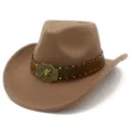 Detailed view of classic western cowboy hat, wide brim fedora with vintage bull buckle and studs. - One Size / Khaki (FT1020)