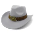Detailed view of grey felt western cowboy hat with brown embossed leather band and bull buckle. - One Size / Gray (FT1020)