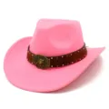 Pink western cowboy hat detail showing retro bull belt buckle, rivets and embossed leather band. - One Size / Rose Red (FT1020)