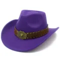 Stylish purple western cowboy hat wide brim fedora with leather band unisex fashion - One Size / Purple (FT1020)