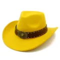 Detailed view of yellow western cowboy hat with embossed bull buckle and brown leather band - One Size / Yellow (FT1020)