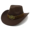 Classic western cowboy hat with wide brim, retro leather band and vintage bull metal buckle. - One Size / Coffee (FT1020)