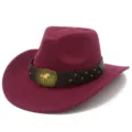 Detailed close-up of burgundy wool cowboy hat with dark brown leather belt and gold horse buckle. - One Size / Burgundy