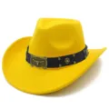 Retro yellow western cowboy hat with black leather belt and bull head buckle, stylish fedora. - One Size / Yellow
