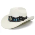 Classic white suede cowboy hat with black rhinestone studded band, perfect for outdoor styling. - One Size / Beige