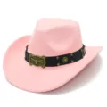 Pink western cowboy hat with black leather band and metal bull head buckle, stylish jazz fedora. - One Size / Pink