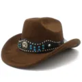 Brown suede cowboy hat featuring a black band, metal studs, star concho and blue rhinestones. - One Size / Coffee