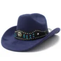 Detail shot of navy blue faux suede western cowboy hat with studded black band and rhinestones. - One Size / Dark Blue