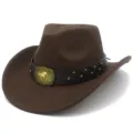 Detailed view of the brown vintage wool fedora hat with horse buckle leather belt decoration. - One Size / Coffee