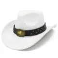 White woolen cowboy hat with brown leather belt and gold horse buckle wide brim fedora jazz hat - One Size / White