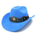 Blue suede cowboy hat detail, showcasing studded black band, rhinestones and star emblem. - One Size / Blue