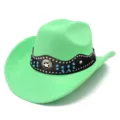 Green suede cowboy hat detail showing rhinestone studs and star badge decoration. - One Size / Green