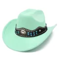 Close up of mint green suede cowboy hat with black studded band and sparkling blue rhinestones. - One Size / Light Green