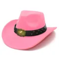 Detail view of pink western cowboy hat with black leather strap and golden horse buckle. - One Size / Deep Pink