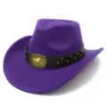Purple felt cowboy hat with leather belt and gold horse buckle for western party costumes. - One Size / Purple