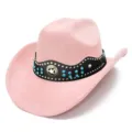 Pink faux suede cowboy hat with black studded rhinestone band, stylish western prairie rider jazz cap. - One Size / Light Pink