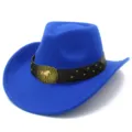 Blue wool felt cowboy hat with leather belt and golden horse buckle detail, wide brim fedora. - One Size / Sapphire Blue