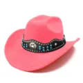 Pink suede western cowboy hat with studded black rhinestone band for men and women stylish. - One Size / Deep Pink