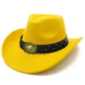 Yellow wool felt cowboy hat with black leather belt and metal horse buckle for daily wear. - One Size / Yellow