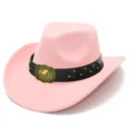 Pink wool felt western cowboy hat with black belt and horse buckle fashion fedora cap - One Size / Pink