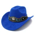 Blue suede cowboy hat detail, featuring black band with rhinestones and metal star badge. - One Size / Sapphire Blue