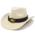 Close-up of beige felt cowboy hat with brown leather belt, gold horse buckle and metal studs. - One Size / Beige