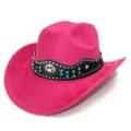 Close-up view of the pink suede cowboy hat featuring the rhinestone studded black band and star emblem. - One Size / Rose Red
