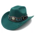 Green suede cowboy hat detail featuring black studded band, blue rhinestones and star badge. - One Size / Dark Green