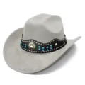 Close-up gray suede cowboy hat detail, leather band with blue rhinestones and star badge. - One Size / Gray