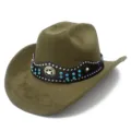 Detailed view of olive green suede cowboy hat featuring a black leather rhinestone band - One Size / Army Green