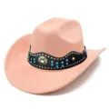 Pink suede western cowboy hat with studded black leather band and star badge for adults. - One Size / Pink