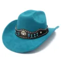 Turquoise suede cowboy hat featuring a black leather rhinestone band and star emblem detail. - One Size / Teal