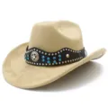 Close-up detail of beige suede western cowboy hat with studded rhinestone leather band. - One Size / Camel