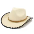 Retro colorblock jazz hat with braided bead band and black edge, perfect for outdoor party. - One Size / Beige