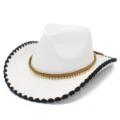 White jazz hat with black edge and brown braided bead band for fashion party outdoor travel. - One Size / White