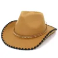 Khaki western cowboy hat jazz hat with black edge and gold bead band for outdoor party. - One Size / Khaki