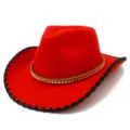 Red felt cowboy hat detail showing braided band and black stitched brim for outdoor party use - One Size / Red