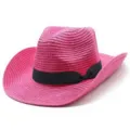 Cappello da cowboy in paglia rosa da donna, elegante cappello da sole estivo nastro nero. - Taglia unica / Rosso rosa
