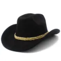 Black suede western cowboy hat with braided hat band, wide curled brim jazz hat for men. - One Size / Black