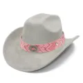 Classic grey wide-brim cowboy hat featuring a stylish pink boho patterned band and metal buckle. - One Size / Gray