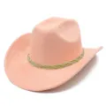 Pink faux suede western cowboy hat detail, wide rolled brim with braided rope band. - One Size / Pink