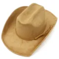 Khaki suede western cowboy hat with wide brim, braided hatband and tassel details. - One Size / Khaki