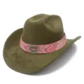 Retro olive green cowboy hat for men and women, featuring a pink bohemian band and metal buckle. - One Size / Army Green