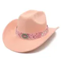 Pink bohemian western cowboy hat with ethnic patterned band and vintage metal buckle detail. - One Size / Pink