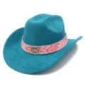 Turquoise cowboy hat detail view, stylish pink patterned band with metal buckle ornament. - One Size / Teal